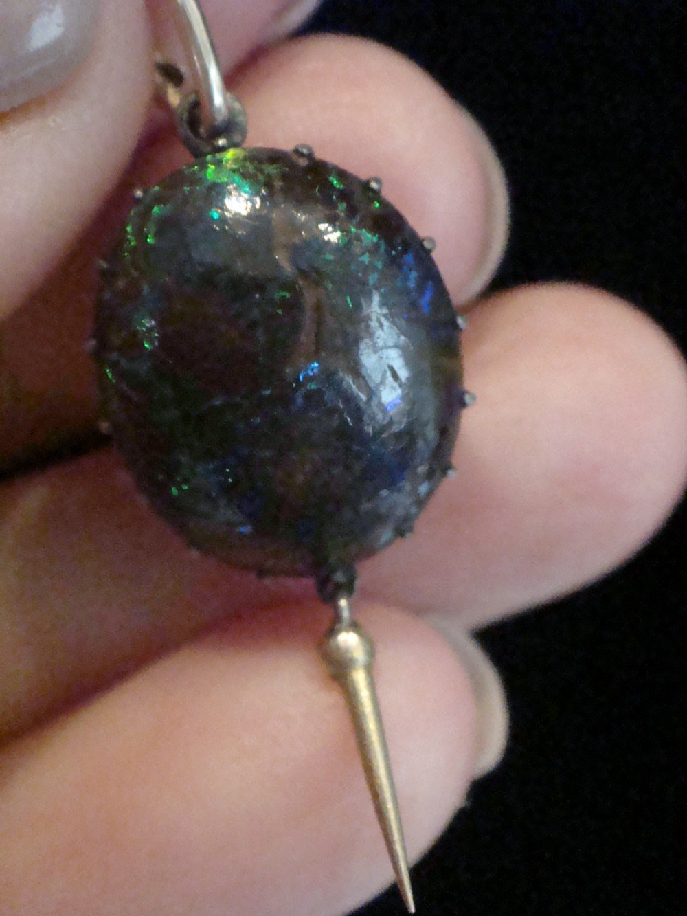 Edwardian 9ct and silver set wood opal pendant View II