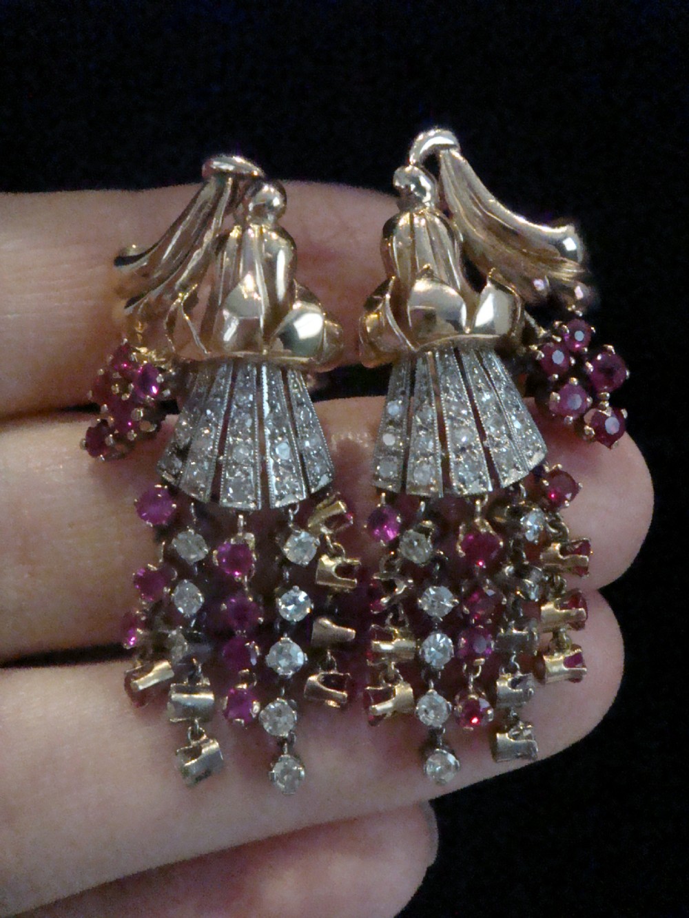 French Edwardian 18ct rose gold Ruby and Diamond chandelier earrings