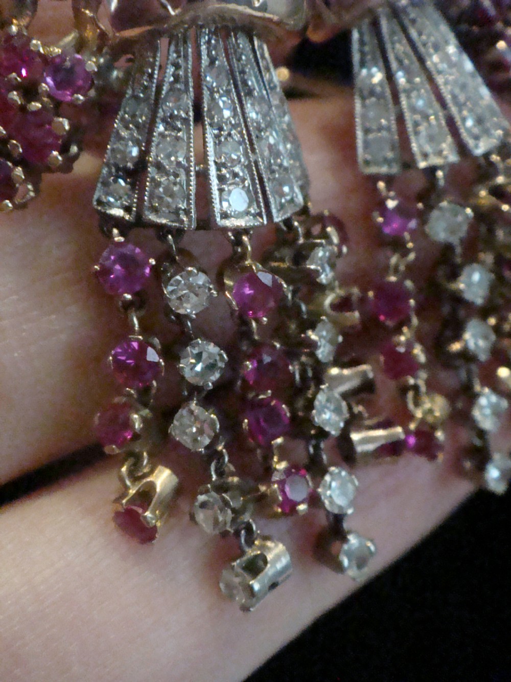 French Edwardian 18ct rose gold Ruby and Diamond chandelier earrings View II