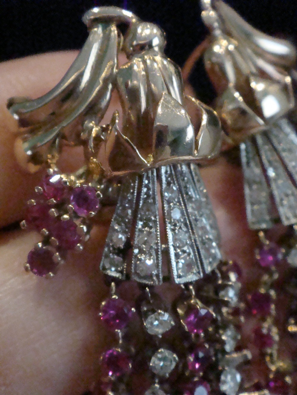 French Edwardian 18ct rose gold Ruby and Diamond chandelier earrings View III