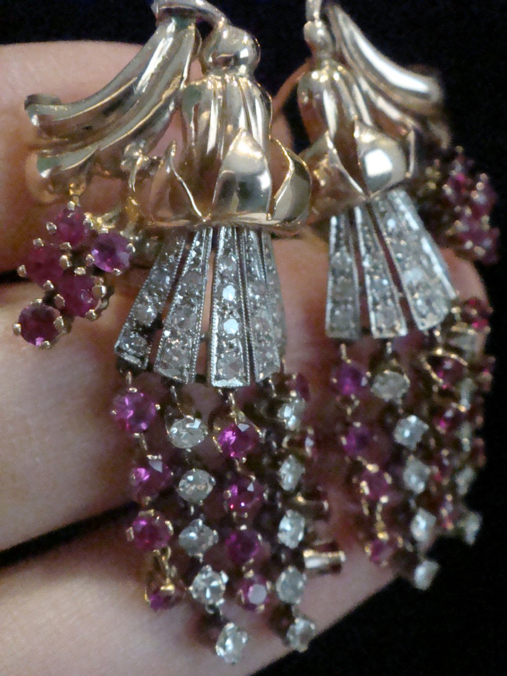 French Edwardian 18ct rose gold Ruby and Diamond chandelier earrings View IV