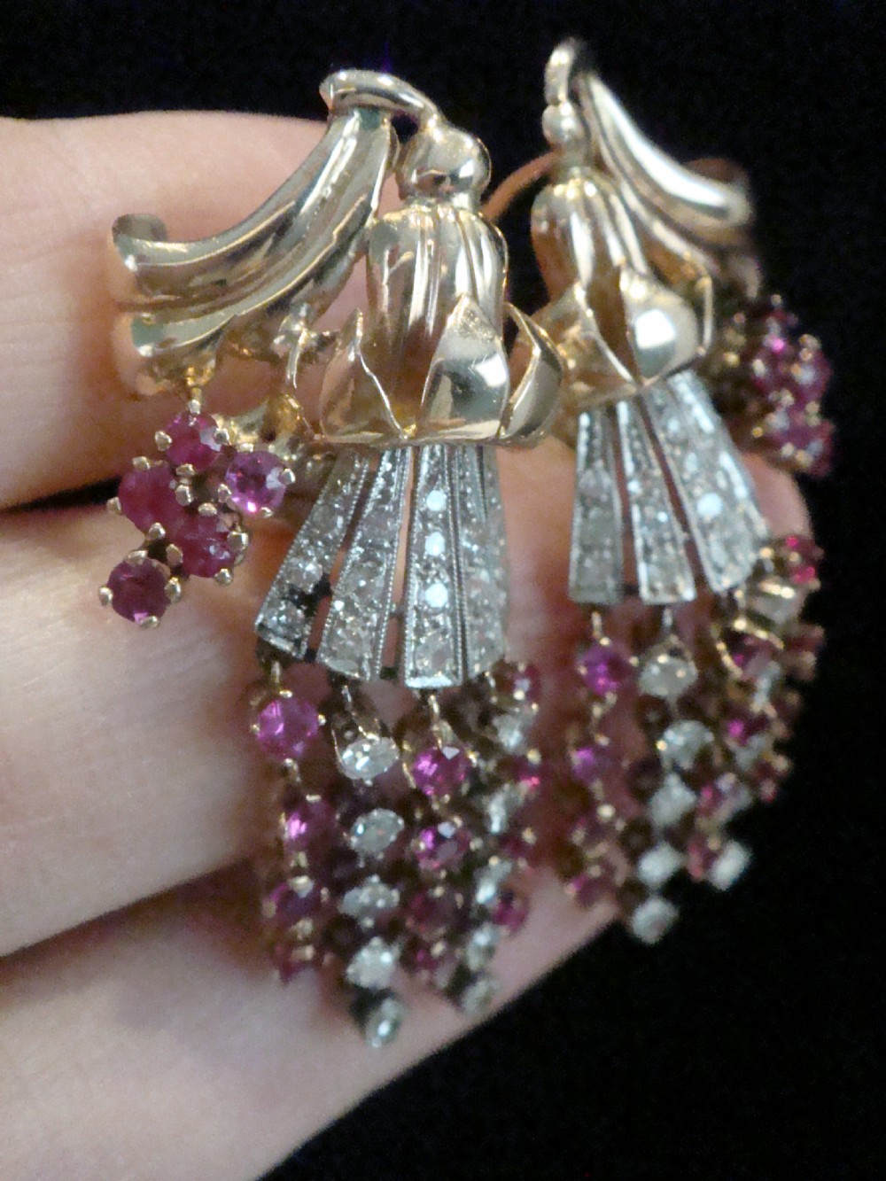 French Edwardian 18ct rose gold Ruby and Diamond chandelier earrings View V