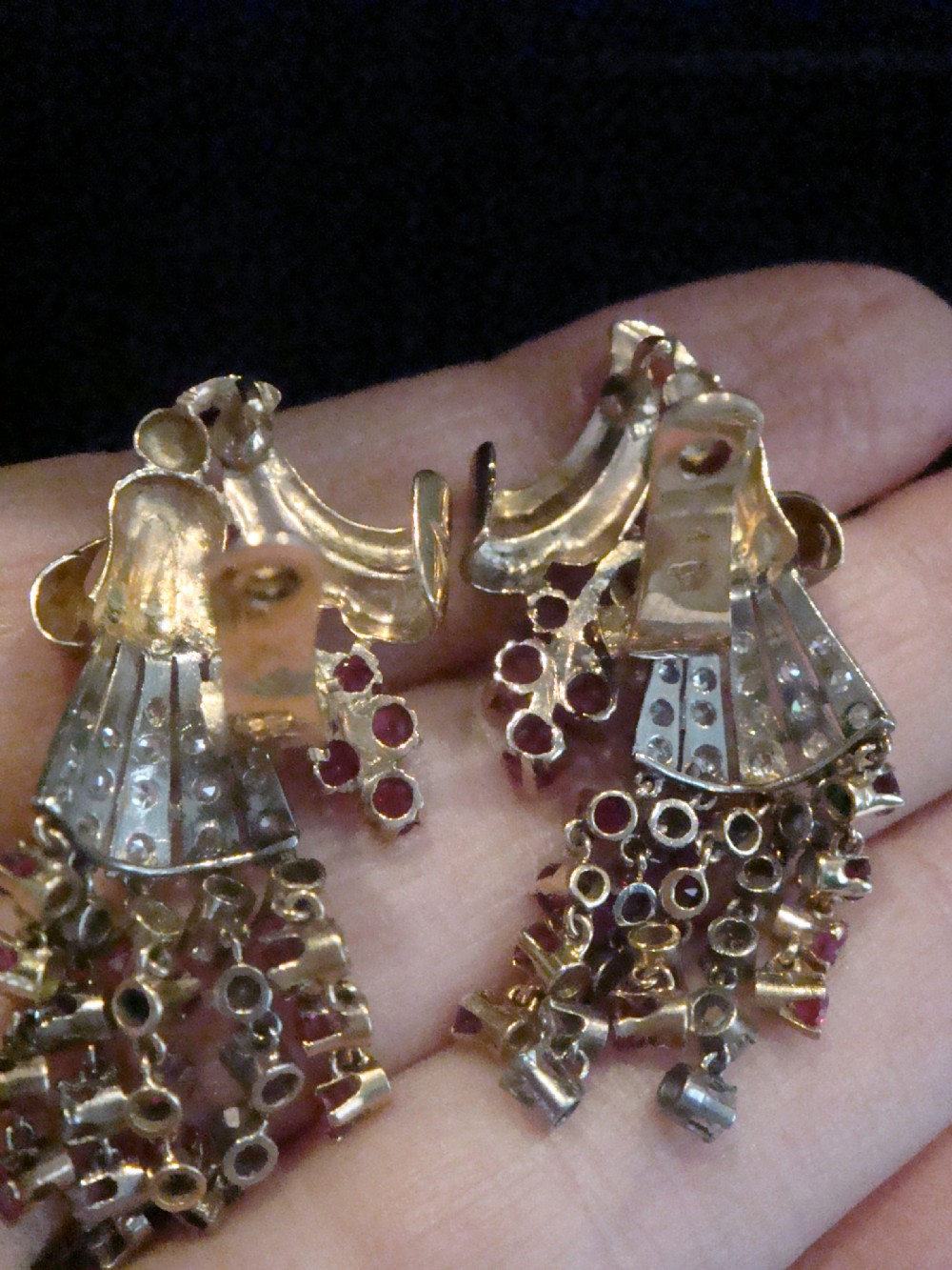 French Edwardian 18ct rose gold Ruby and Diamond chandelier earrings View VI