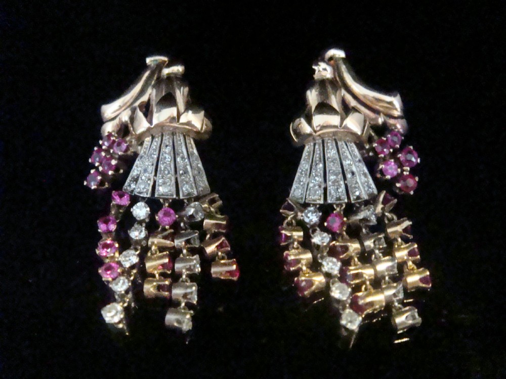 French Edwardian 18ct rose gold Ruby and Diamond chandelier earrings View VII