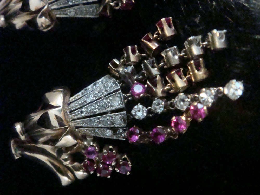 French Edwardian 18ct rose gold Ruby and Diamond chandelier earrings View VIII