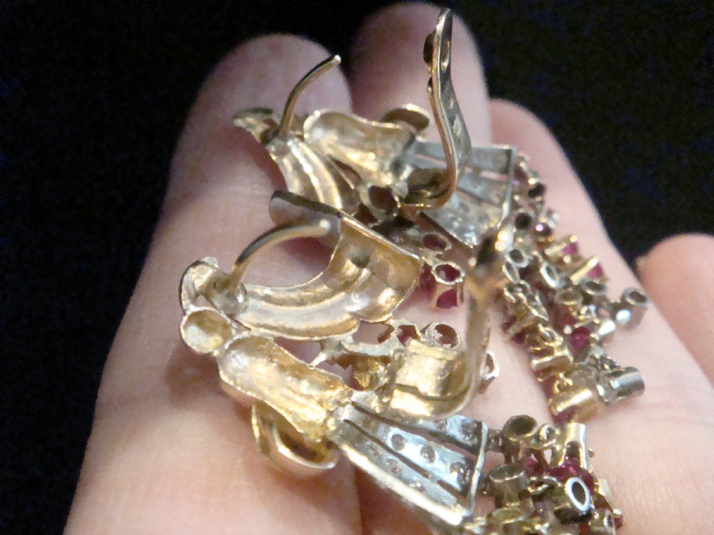French Edwardian 18ct rose gold Ruby and Diamond chandelier earrings View IX