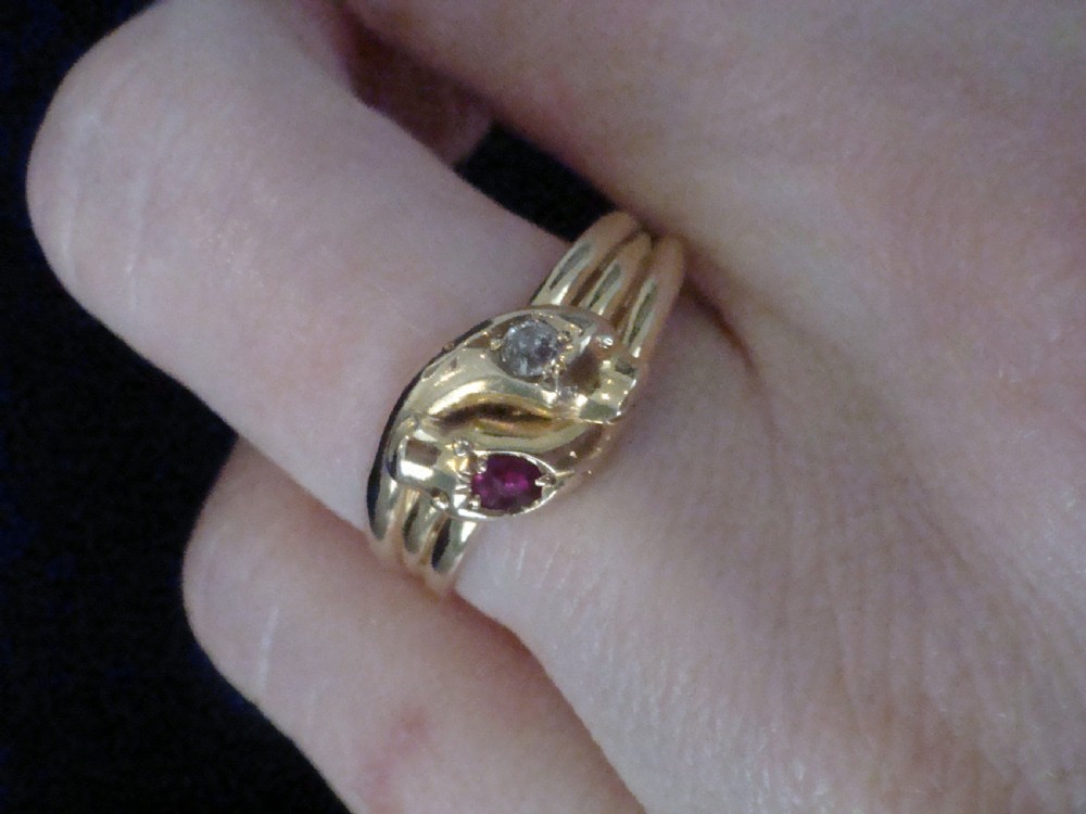VICTORIAN 18CT RUBY AND OLD CUT DIAMOND DOUBLE SNAKE RING RING SIZE Q View IV