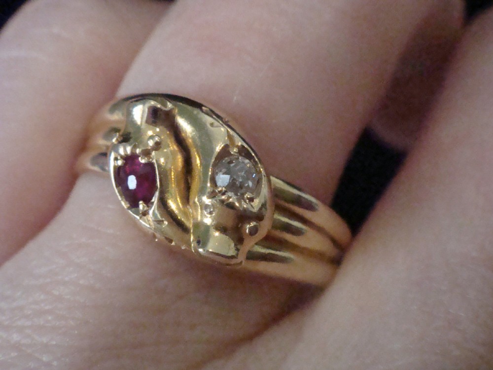 VICTORIAN 18CT RUBY AND OLD CUT DIAMOND DOUBLE SNAKE RING RING SIZE Q View V