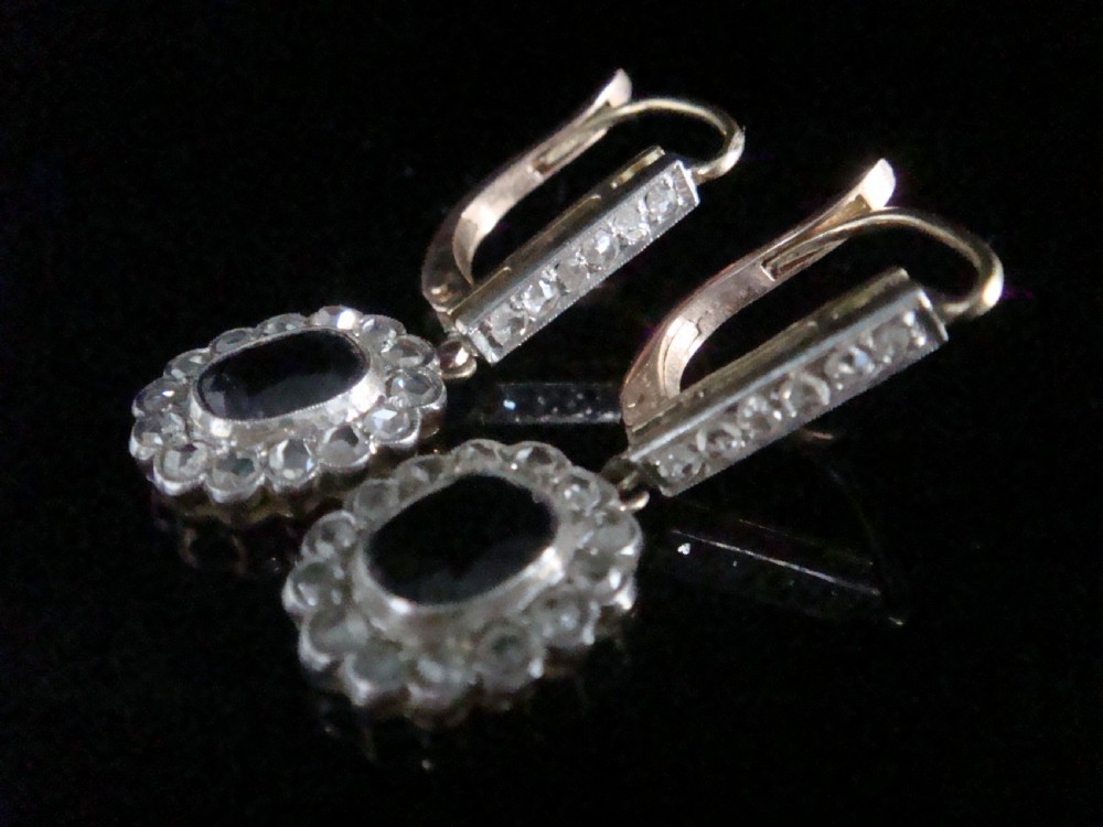 Edwardian 18ct yellow gold sapphire and rose cut diamond drop earrings