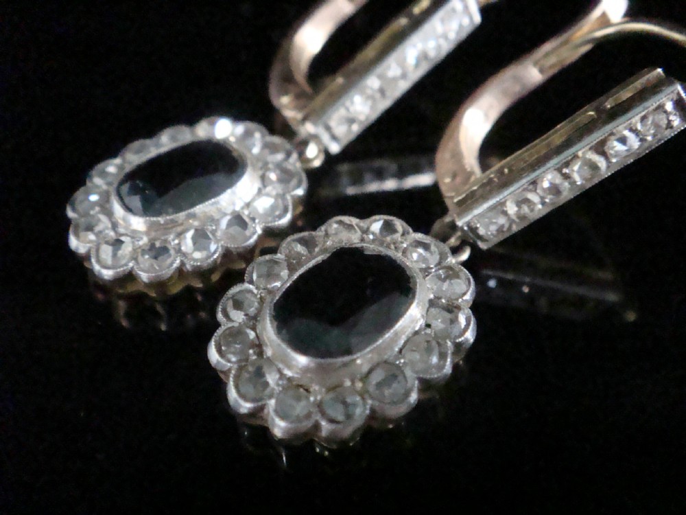 Edwardian 18ct yellow gold sapphire and rose cut diamond drop earrings View II