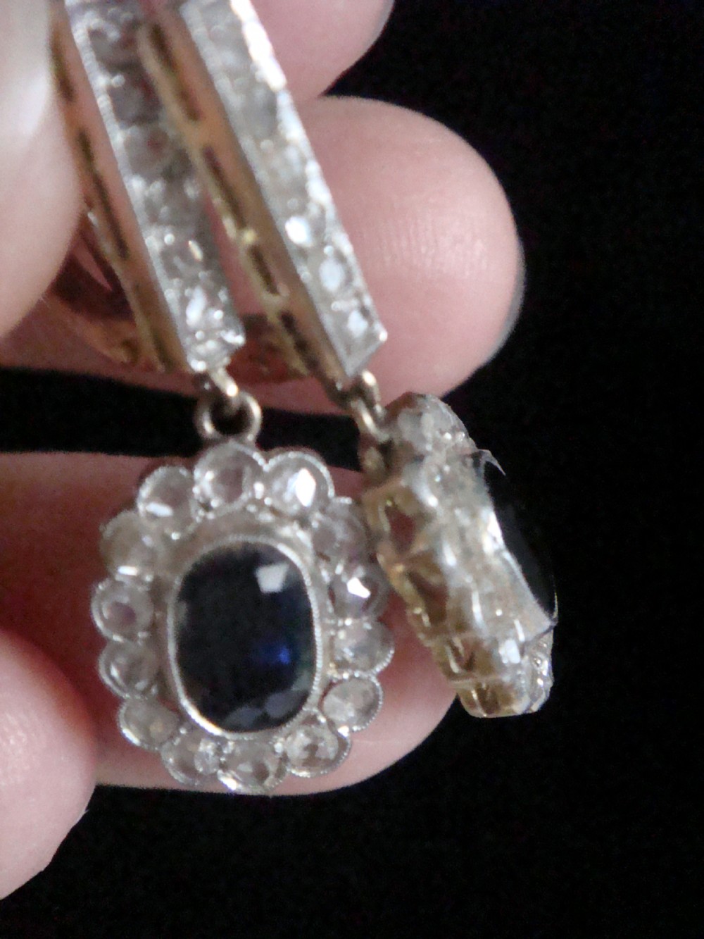 Edwardian 18ct yellow gold sapphire and rose cut diamond drop earrings View III