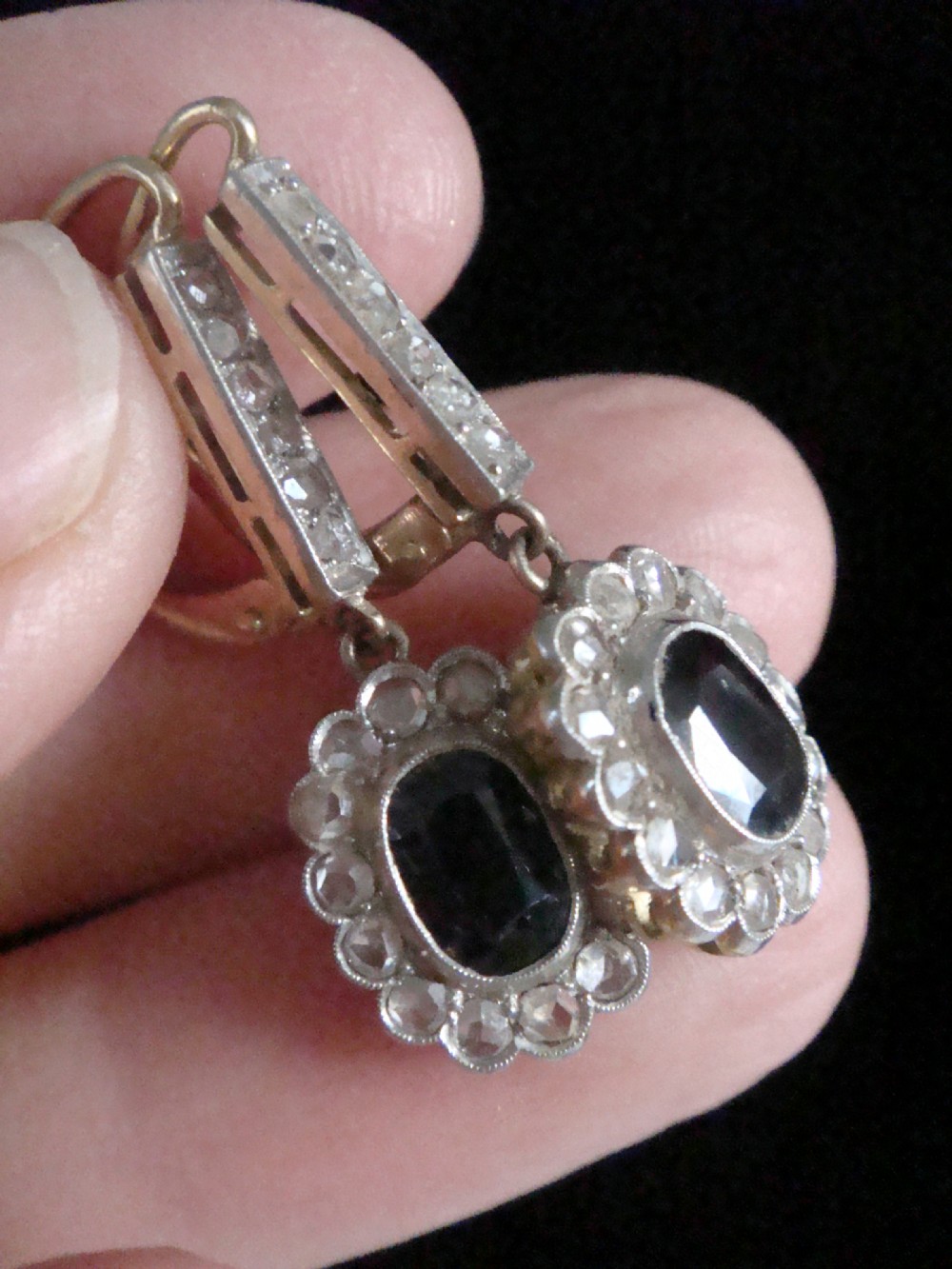 Edwardian 18ct yellow gold sapphire and rose cut diamond drop earrings View IV
