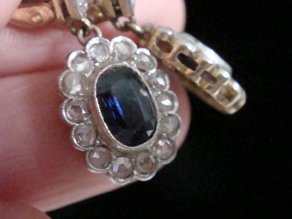 Edwardian 18ct yellow gold sapphire and rose cut diamond drop earrings View V