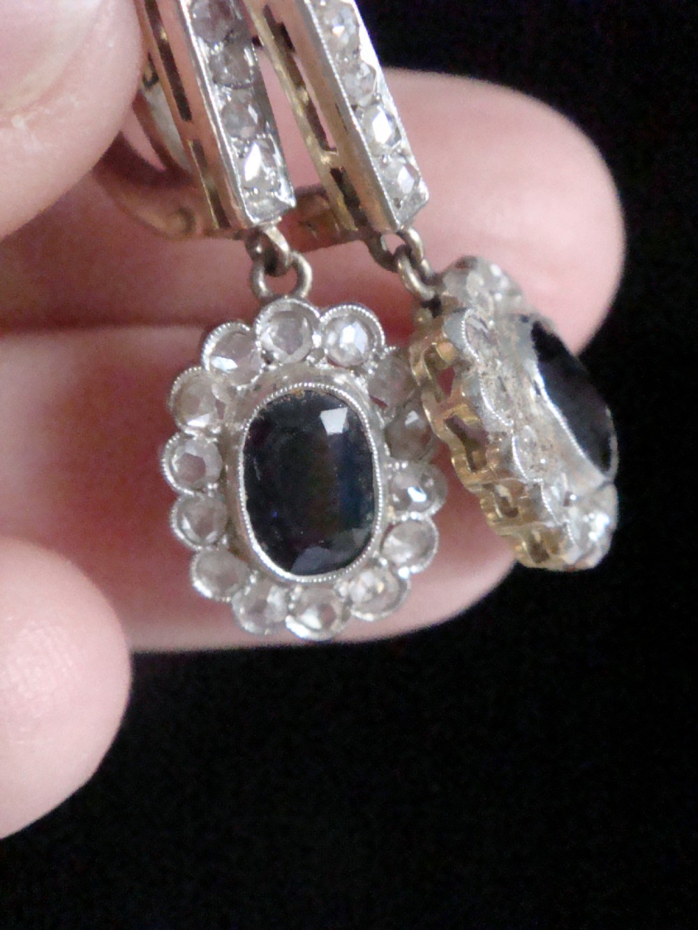 Edwardian 18ct yellow gold sapphire and rose cut diamond drop earrings View VI