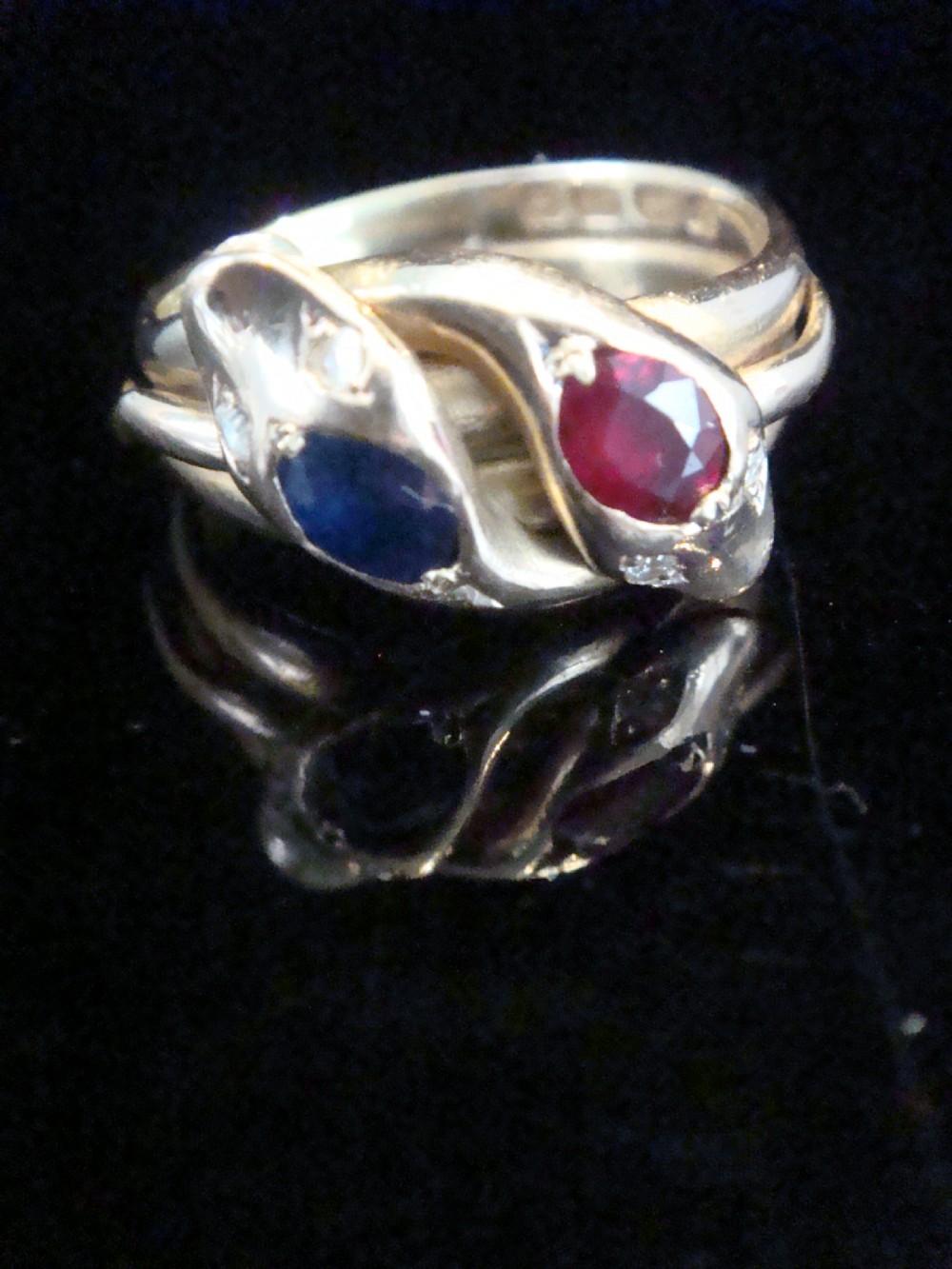 VICTORIAN 18CT RUBY SAPPHIRE AND OLD CUT DIAMOND DOUBLE SNAKE RING RING SIZE P View II