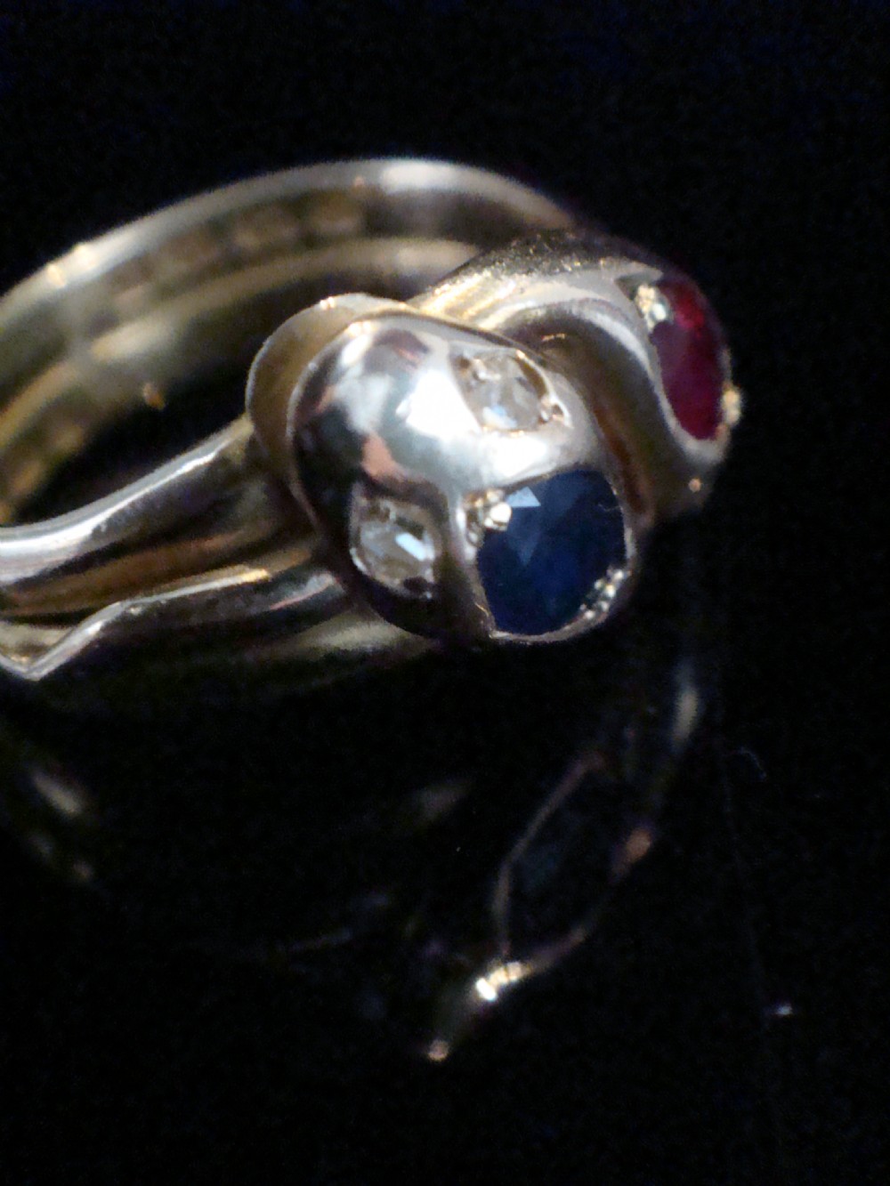 VICTORIAN 18CT RUBY SAPPHIRE AND OLD CUT DIAMOND DOUBLE SNAKE RING RING SIZE P View III
