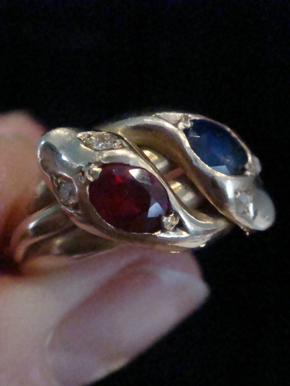 VICTORIAN 18CT RUBY SAPPHIRE AND OLD CUT DIAMOND DOUBLE SNAKE RING RING SIZE P View V