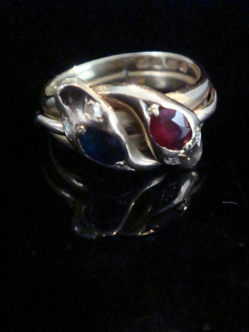 VICTORIAN 18CT RUBY SAPPHIRE AND OLD CUT DIAMOND DOUBLE SNAKE RING RING SIZE P View VI
