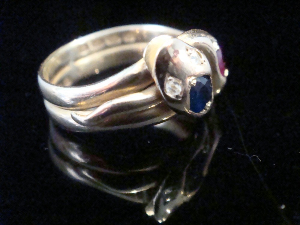 VICTORIAN 18CT RUBY SAPPHIRE AND OLD CUT DIAMOND DOUBLE SNAKE RING RING SIZE P View VIII