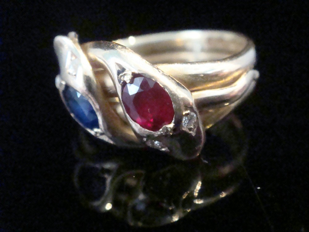 VICTORIAN 18CT RUBY SAPPHIRE AND OLD CUT DIAMOND DOUBLE SNAKE RING RING SIZE P View IX