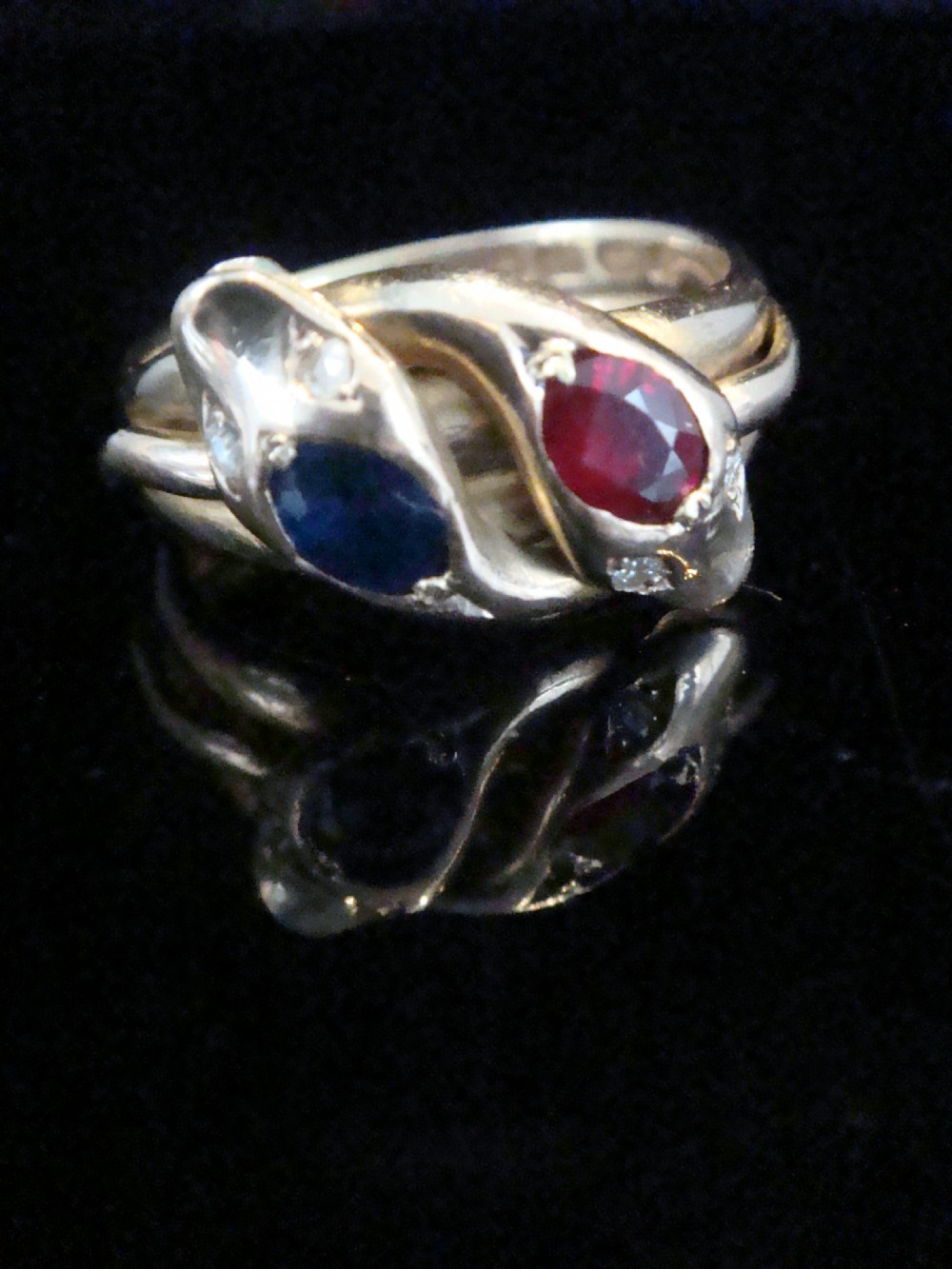 VICTORIAN 18CT RUBY SAPPHIRE AND OLD CUT DIAMOND DOUBLE SNAKE RING RING SIZE P View X