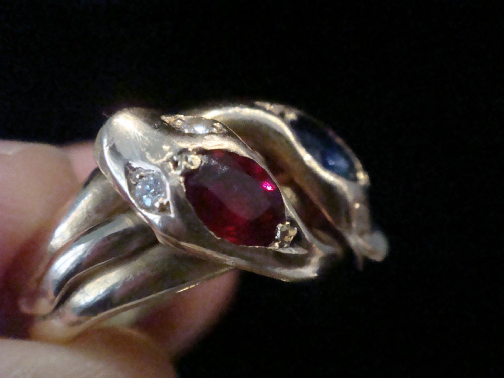 VICTORIAN 18CT RUBY SAPPHIRE AND OLD CUT DIAMOND DOUBLE SNAKE RING RING SIZE P View XI