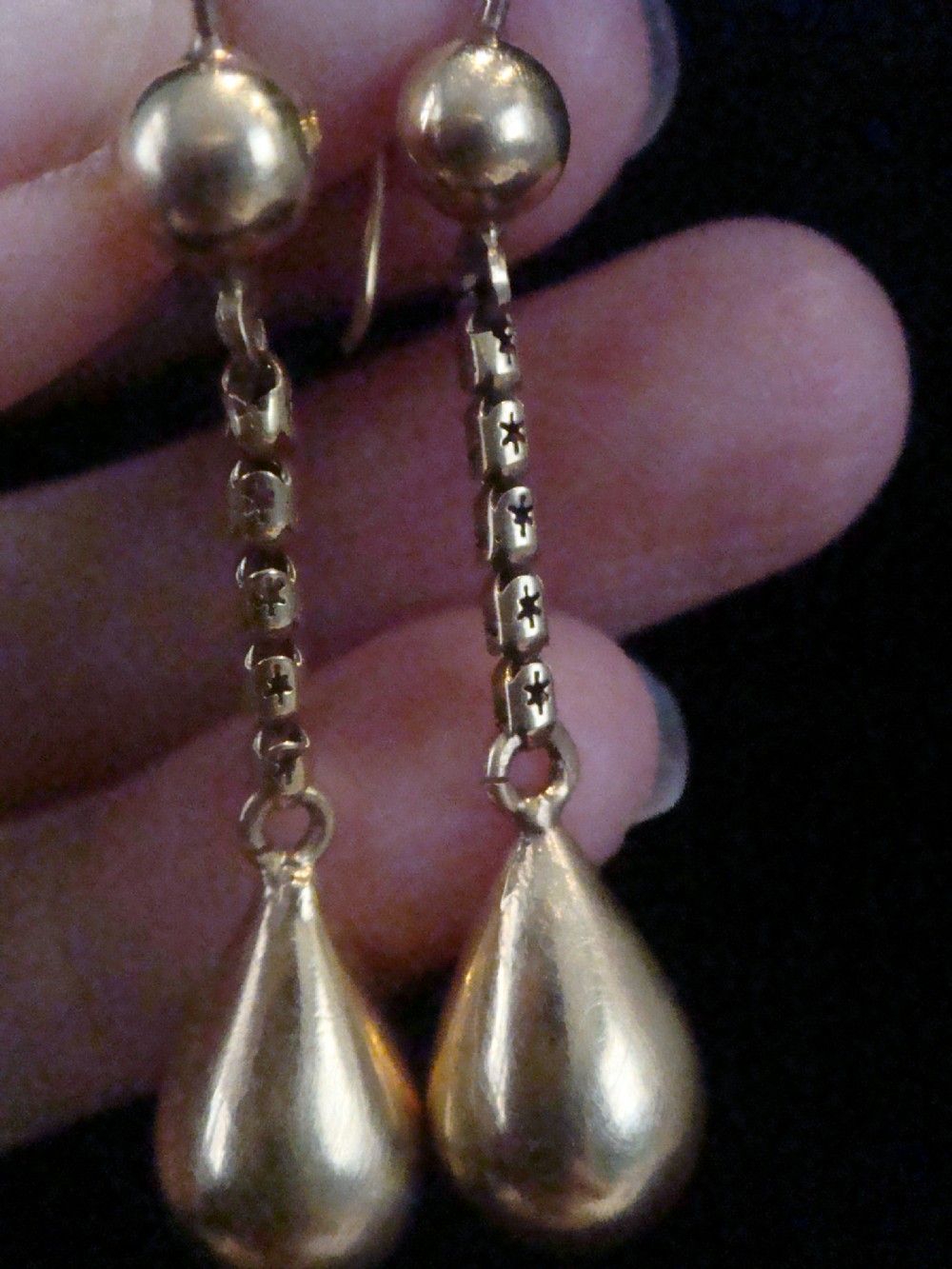 EDWARDIAN VICTORIAN 9CT YELLOW GOLD EARRINGS  WITH STARBURST CHAIN DROP 4.2G View VI