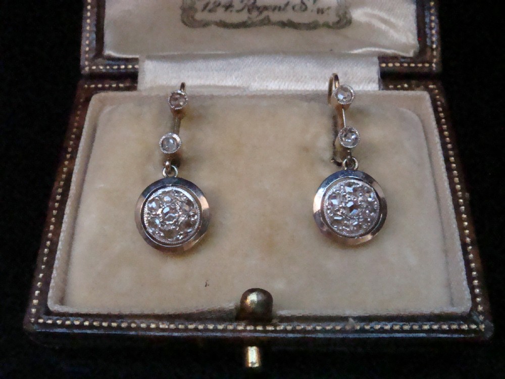 Edwardian French 18ct yellow gold rose cut diamond drop earrings