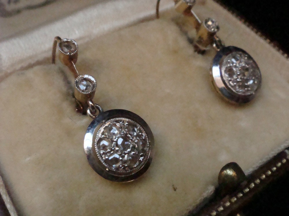 Edwardian French 18ct yellow gold rose cut diamond drop earrings View II