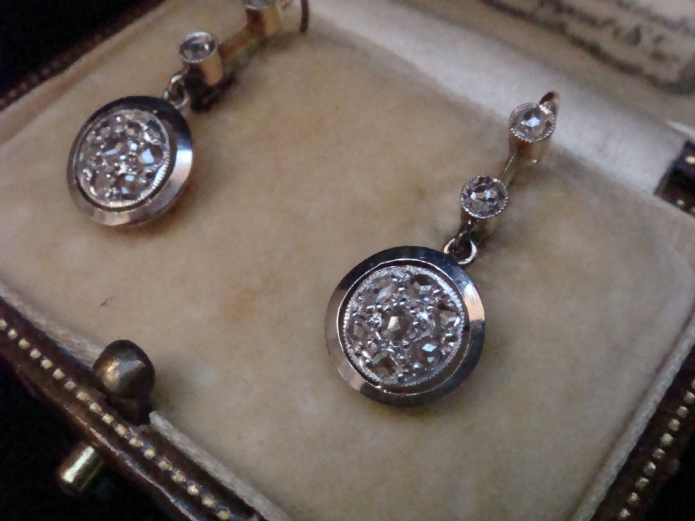 Edwardian French 18ct yellow gold rose cut diamond drop earrings View III
