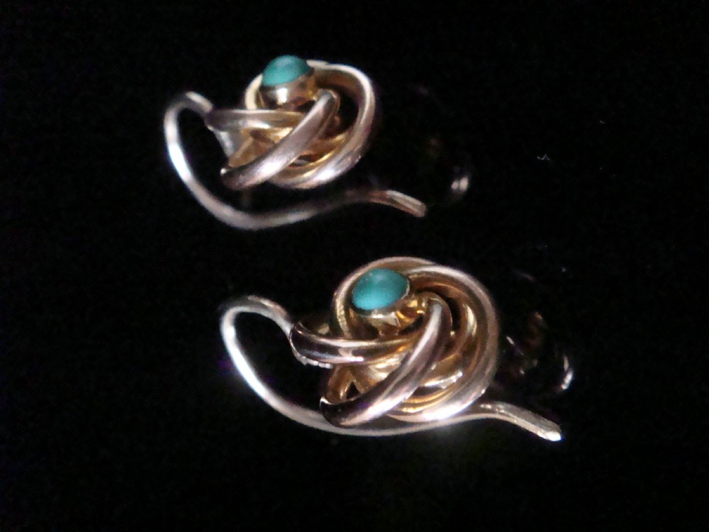 Edwardian 15ct yellow gold turquoise lovers knot earrings