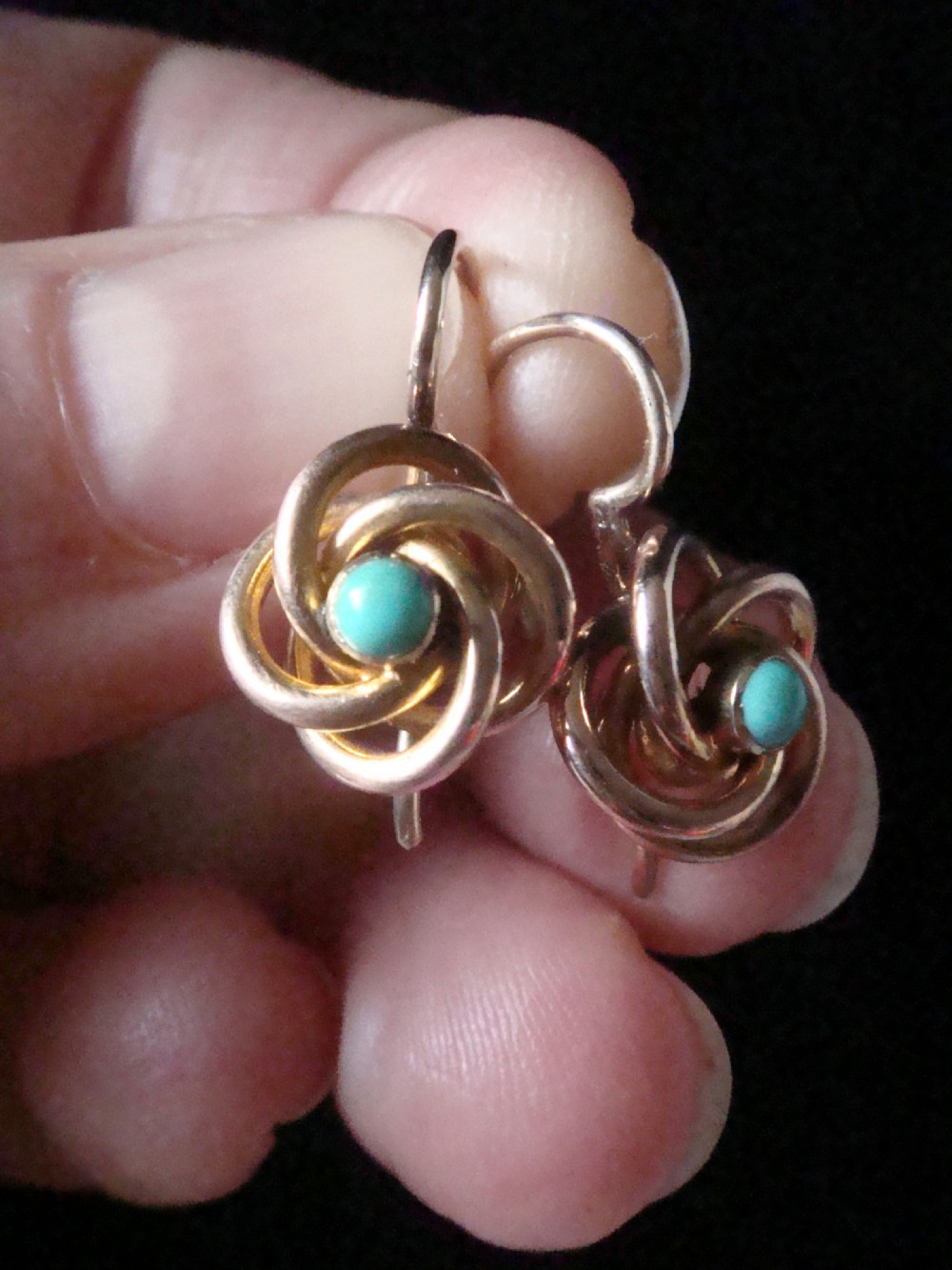 Edwardian 15ct yellow gold turquoise lovers knot earrings View II