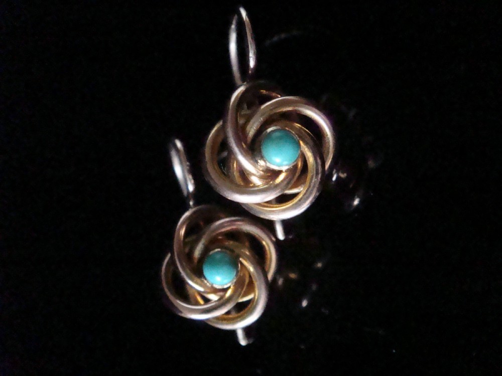 Edwardian 15ct yellow gold turquoise lovers knot earrings View III