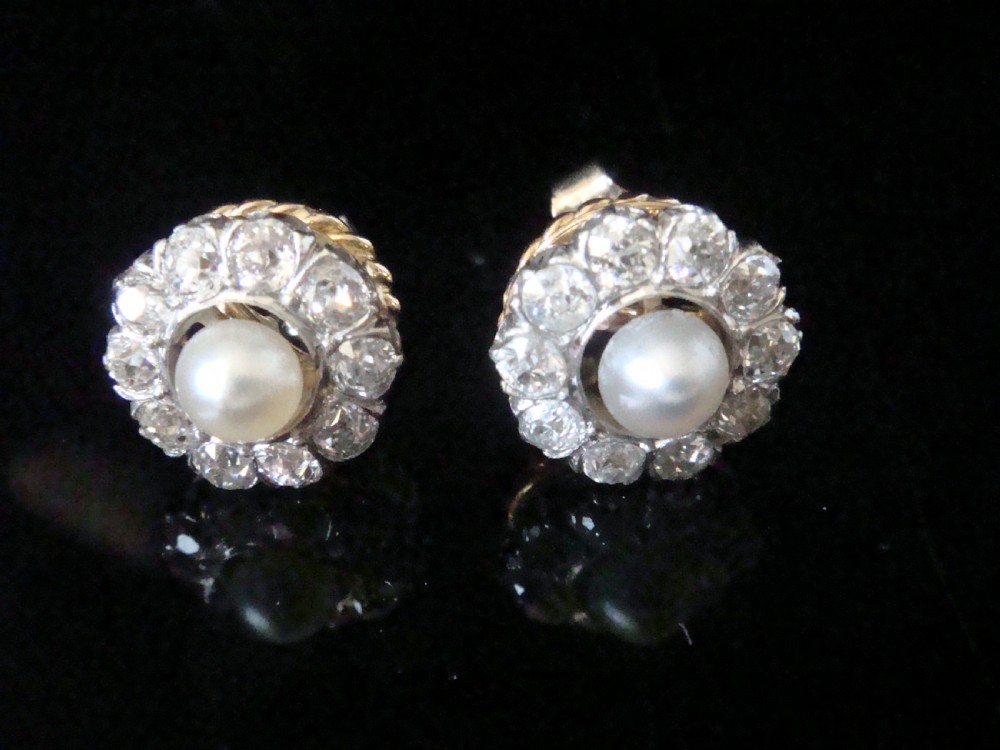 Edwardian 18ct yellow gold cultured pearl and old cut diamond 1ct cluster earrings 
