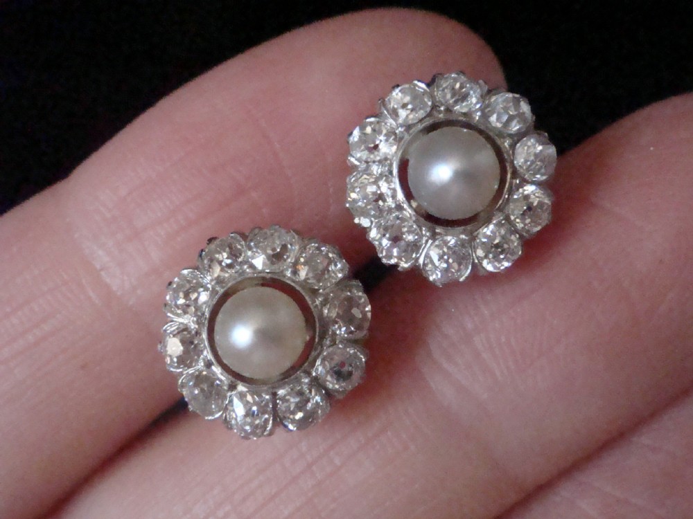 Edwardian 18ct yellow gold cultured pearl and old cut diamond 1ct cluster earrings  View II