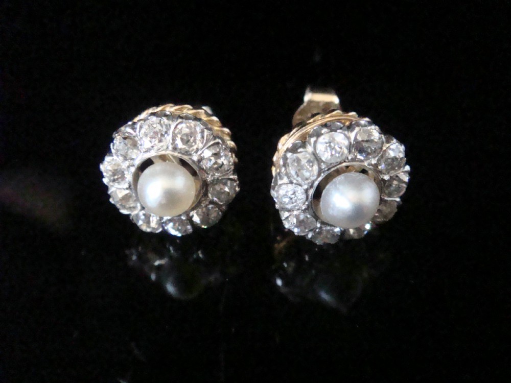 Edwardian 18ct yellow gold cultured pearl and old cut diamond 1ct cluster earrings  View III