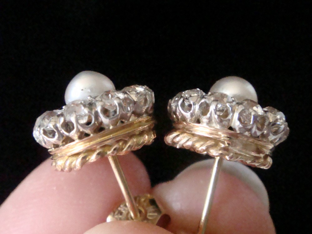 Edwardian 18ct yellow gold cultured pearl and old cut diamond 1ct cluster earrings  View IV