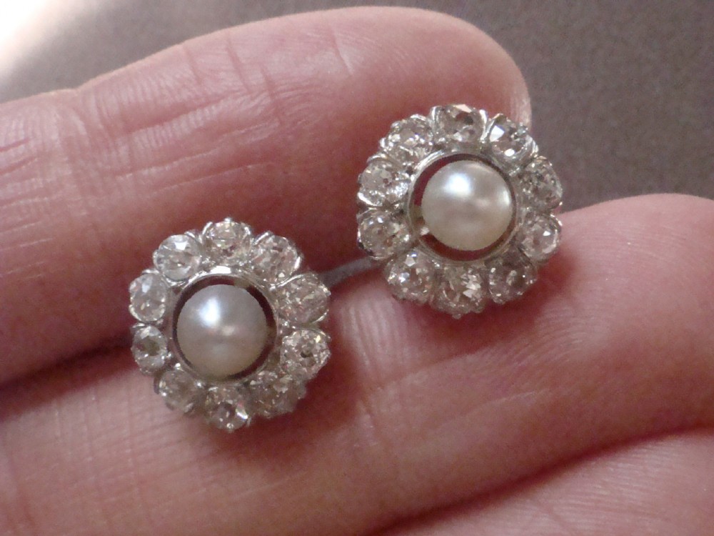 Edwardian 18ct yellow gold cultured pearl and old cut diamond 1ct cluster earrings  View V