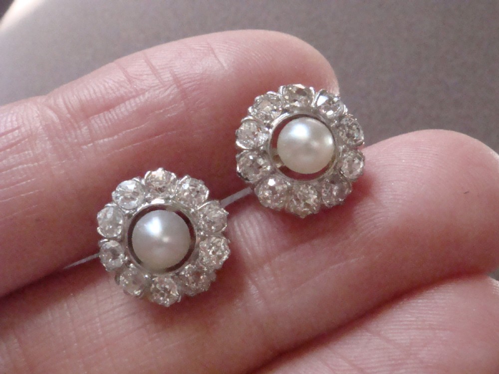 Edwardian 18ct yellow gold cultured pearl and old cut diamond 1ct cluster earrings  View VI