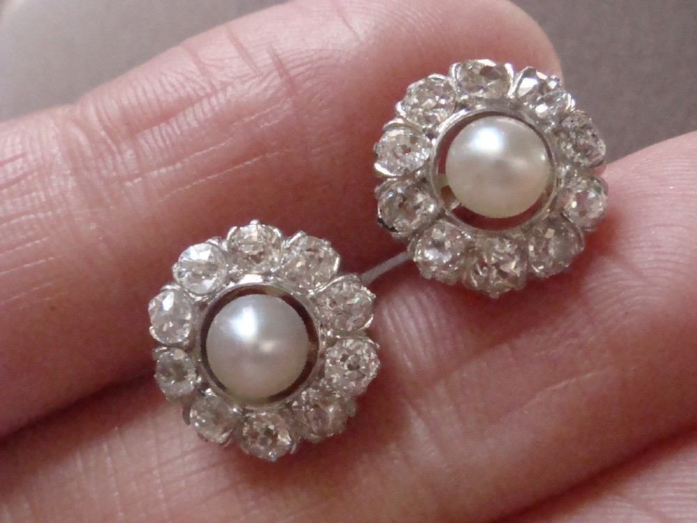 Edwardian 18ct yellow gold cultured pearl and old cut diamond 1ct cluster earrings  View VII
