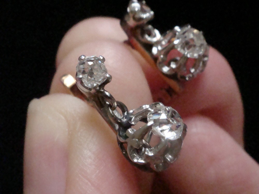EDWARDIAN FRENCH 18CT LARGE OLD CUT DIAMOND 0.80ct DROP EARRINGS View V