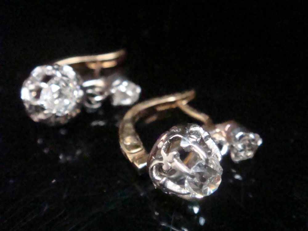 EDWARDIAN FRENCH 18CT LARGE OLD CUT DIAMOND 0.80ct DROP EARRINGS View II