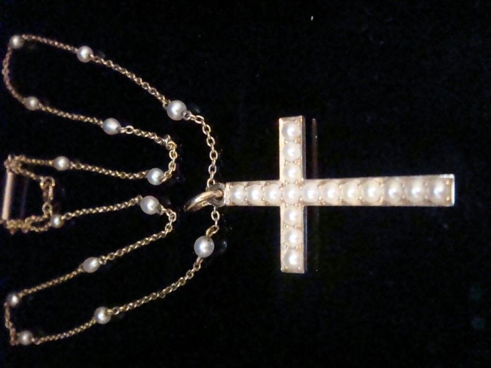 EDWARDIAN 15CT CULTUREd PEARL CROSS AND PEARL CHAIN NECKLACE 6G View VII