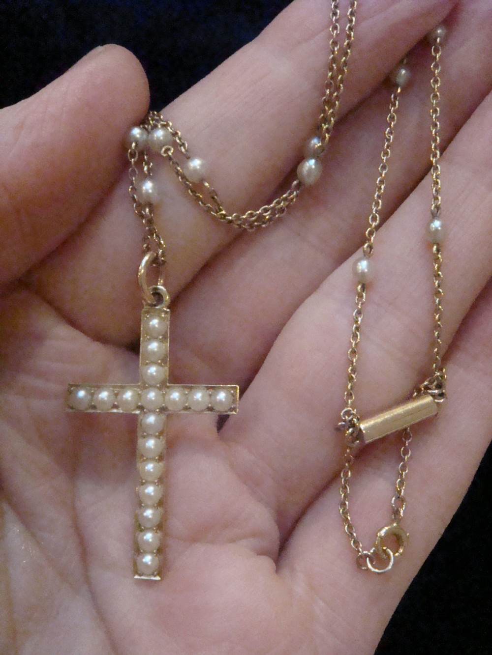 EDWARDIAN 15CT CULTUREd PEARL CROSS AND PEARL CHAIN NECKLACE 6G View V