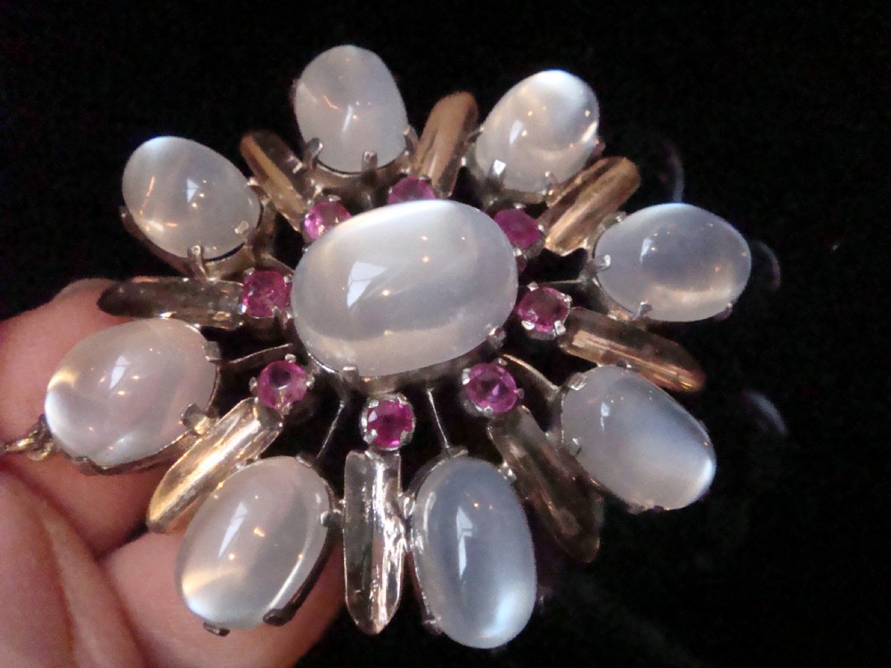1930s- 1950s LARGE 9CT NATURAL MOONSTONE AND RUBY PENDANT View V