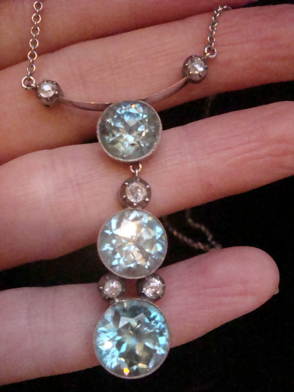 EDWARDIAN 9CT WHITE GOLD LARGE NATURAL BLUE ZIRCON DIAMOND NECKLACE View III