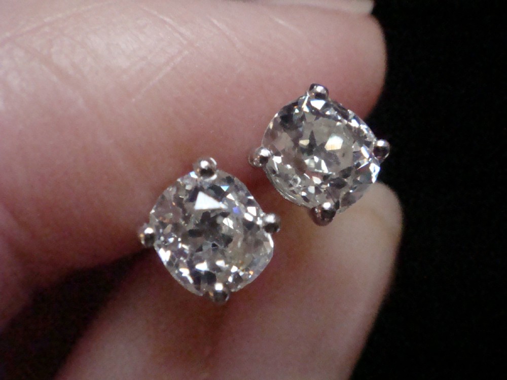 EDWARDIAN PLATINUM 1.20CT  OLD CUT DIAMOND STUD EARRINGS PIERCED EARS View II