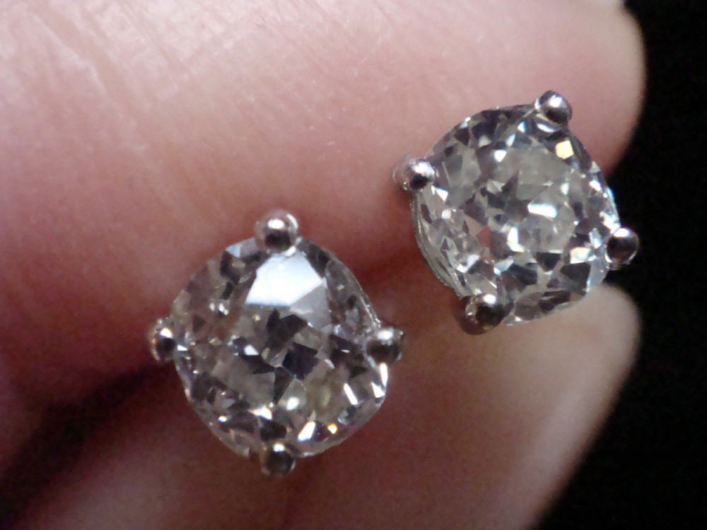 EDWARDIAN PLATINUM 1.20CT  OLD CUT DIAMOND STUD EARRINGS PIERCED EARS View III