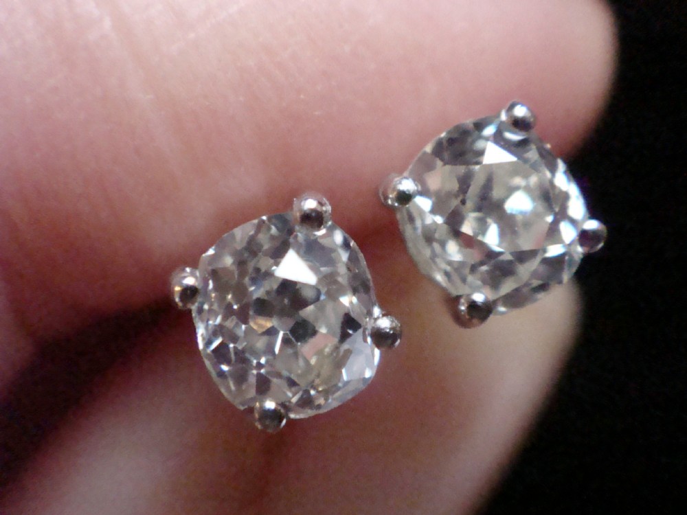 EDWARDIAN PLATINUM 1.20CT  OLD CUT DIAMOND STUD EARRINGS PIERCED EARS View IV