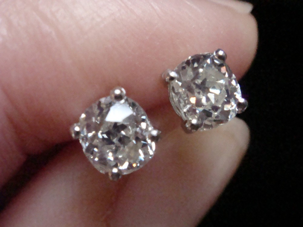 EDWARDIAN PLATINUM 1.20CT  OLD CUT DIAMOND STUD EARRINGS PIERCED EARS View VI